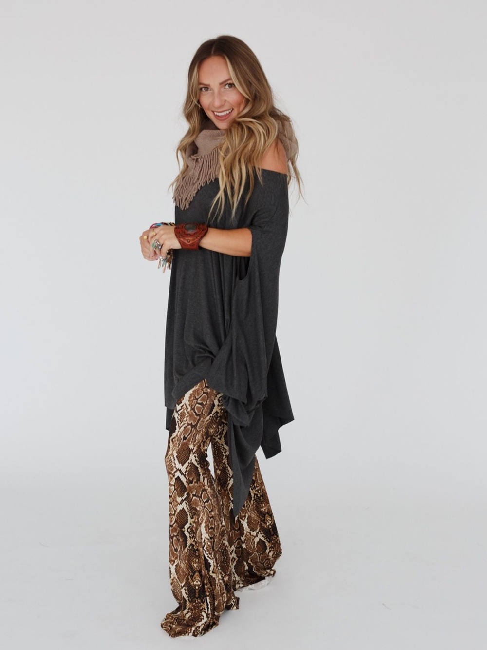 Three Bird Nest Wren Tunic Boho Oversized Swing Top Charcoal One Size Fits Most - Picture 6 of 11